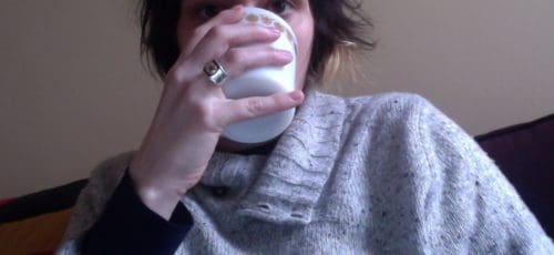 Happy Hour on the Fringe with Meg Foley, image of Meg drinking coffee